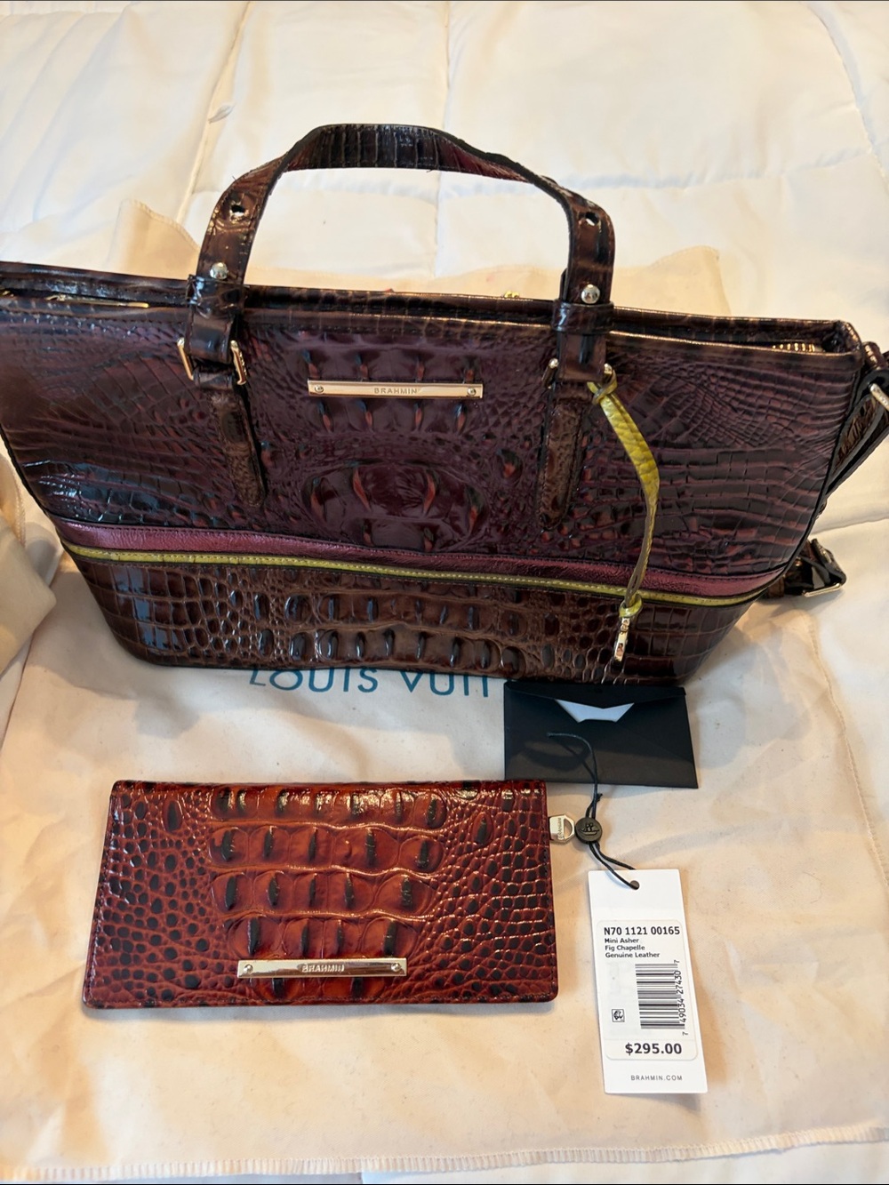 Brahmin Teal and Brown Croc-Embossed Top Handle Satchel with Buckle Accent - Picture 4 of 5